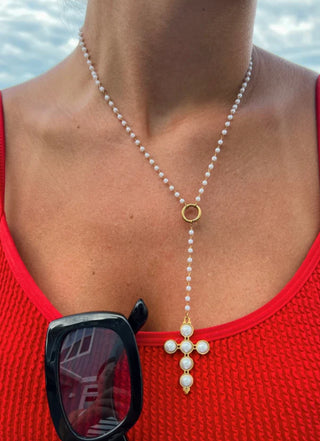 Lariat Pearl Cross Necklace