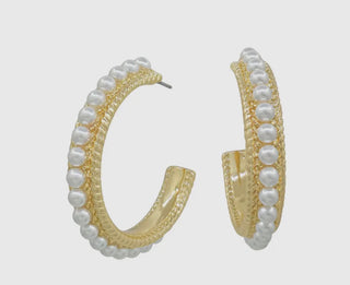 Gold Textured and Pearl 2" Hoop Earring