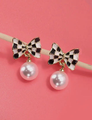 Checker Bow Pearl Drop Earrings