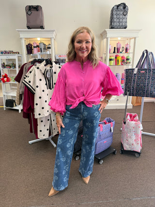 Pink Puff Sleeve Button Down Shirt