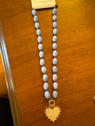 Blue Beaded With Pearlized Heart 16"-18" Necklace