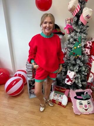 Red & Green Polka Dot Sweatshirt Short Set