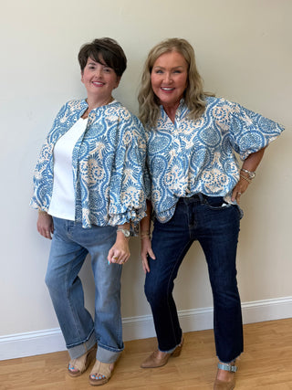 Blue Damask Print Balloon Sleeve Top