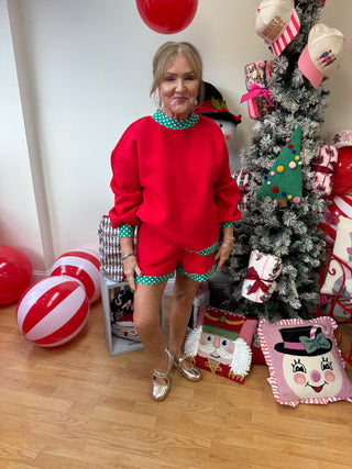 Red & Green Polka Dot Sweatshirt Short Set