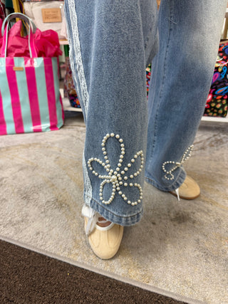 Pearl & Lace Trim Wide Leg Jeans