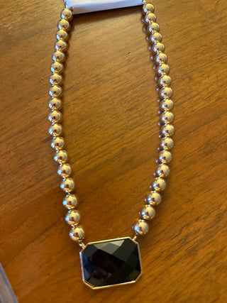 8mm Gold Ball With Black Rectangle 1.5" Stone 16"-18" Necklace