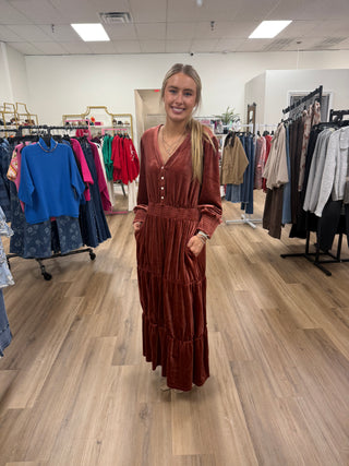 Castielle Velour Cinched Waist Maxi Dress-Salmon Orange