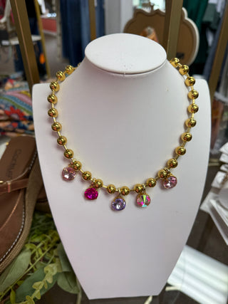 Gold Beaded Necklace W/ Pink & Purple Charms