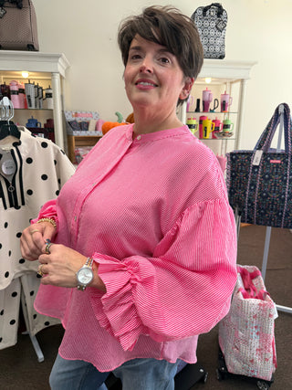 Pink Pinstripe Bubble Sleeve Top
