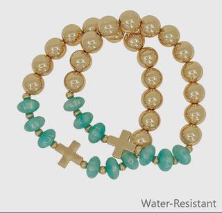Set of 2 Gold Beaded with Mint Crystals and Gold Cross Stretch Bracelets