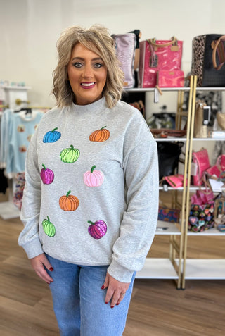 Sequin Pumpkin Patch Mock Neck Sweatshirt