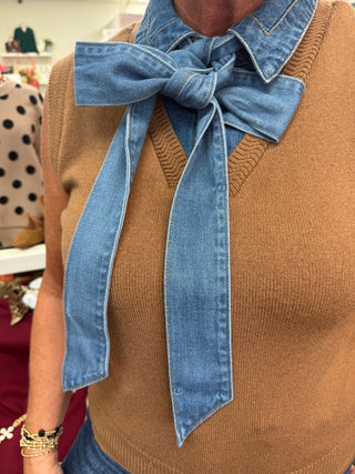 Simply Smitten Denim Tie Neck Top
