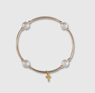 Charmed White Pearl & Cross 8MM Gold Blessing Bracelet