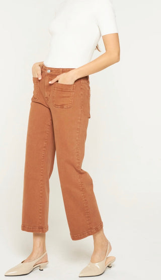 Mica Denim High Rise Cropped Wide Leg Patch Pocket Brown