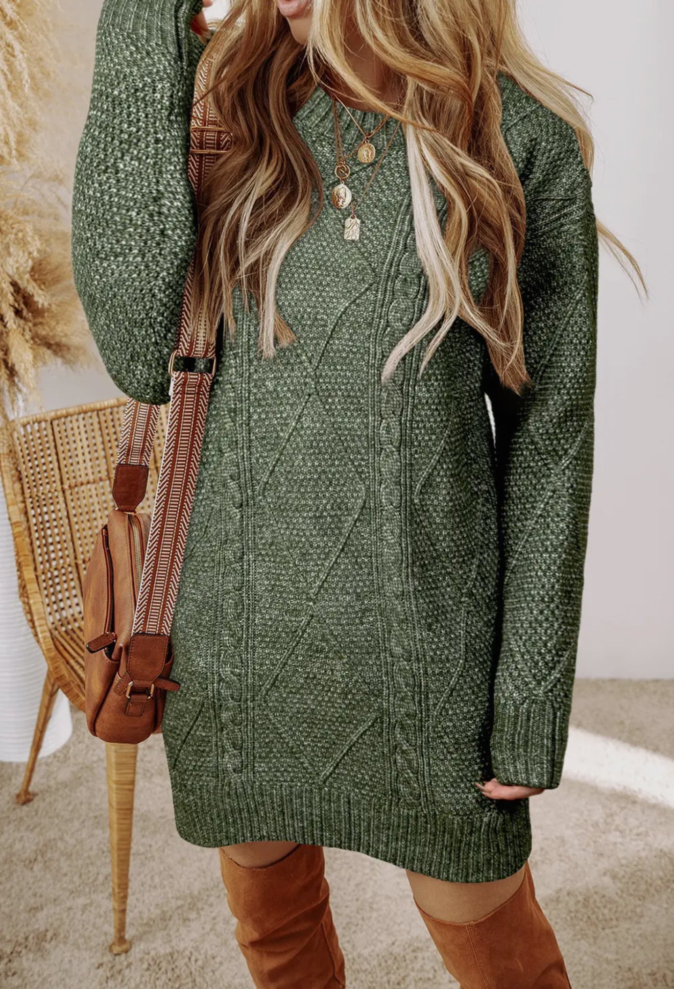 Cozy Cable Knit Sweater Dress Green