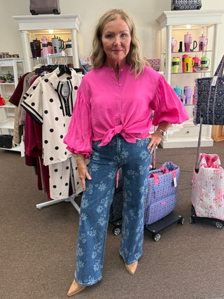 Pink Puff Sleeve Button Down Shirt