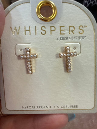 Gold Whispers Small Cross W/ Pearls Studs