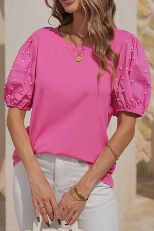 All the Love Pearl Beaded Puff Top - Pink