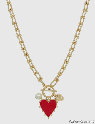 Gold Chain Necklace with Red Studded Heart Charm 16"-18" Necklace
