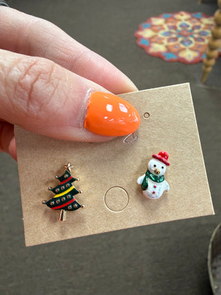 Snowman & Christmas Tree Post Earrings