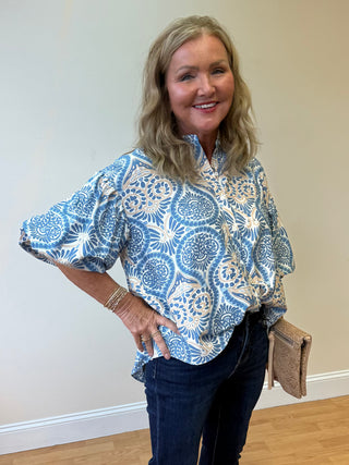 Blue Damask Print Balloon Sleeve Top