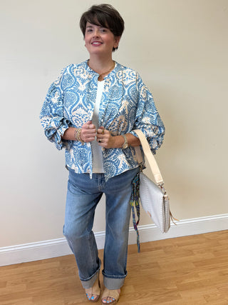Blue Damask Print Balloon Sleeve Top
