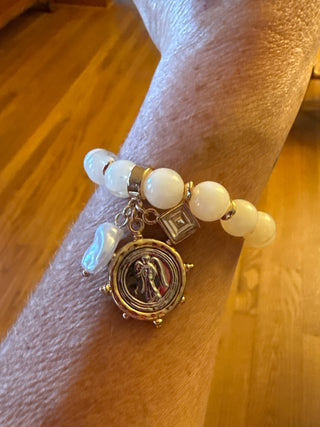 Cream Bead Stretch Bracelet With Silver And Gold Coin