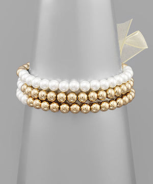 3 Row Pearl & Ball Bracelet Gold Cream