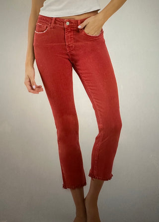 Vervet Mid Rise Frayed Hem Crop Slim Straight Red