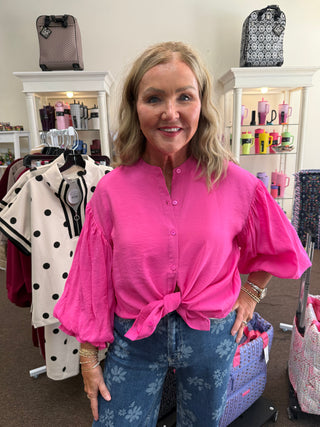 Pink Puff Sleeve Button Down Shirt