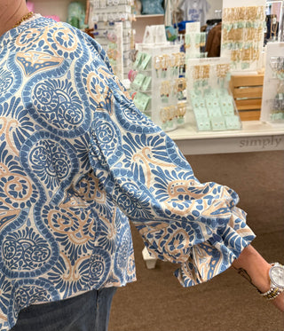 Blue Damask Print Balloon Sleeve Top