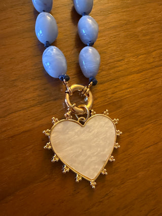 Blue Beaded With Pearlized Heart 16"-18" Necklace