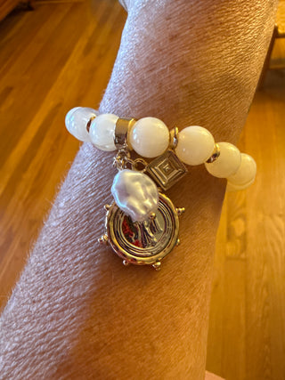 Cream Bead Stretch Bracelet With Silver And Gold Coin