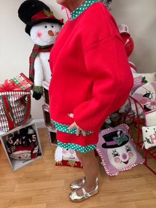 Red & Green Polka Dot Sweatshirt Short Set