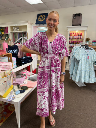 Botanical Print Fuchsia Midi Dress