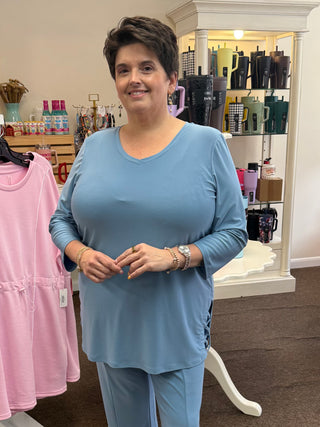 Blue V-Neck 3/4 Slv W/ Criss-Cross Detail