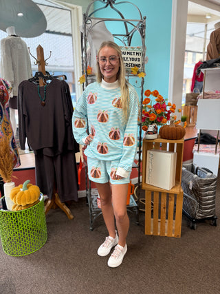 Glam Blue Stripe Pumpkin Oversized Mock Neck Sweatshirt Set