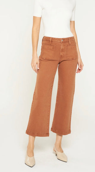 Mica Denim High Rise Cropped Wide Leg Patch Pocket Brown