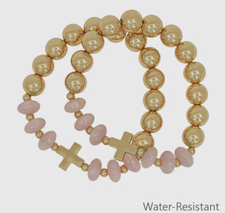 Set of 2 Gold Beaded with Pink Crystals and Gold Cross Stretch Bracelets