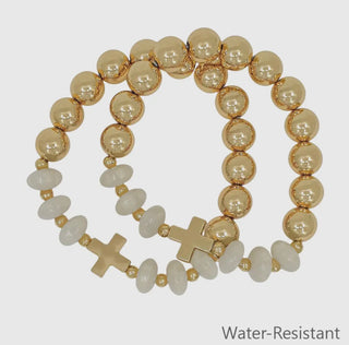 Set of 2 Gold Beaded with White Crystals and Gold Cross Stretch Bracelets