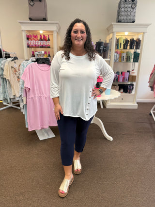 White 3/4 Sleeve Button Detail Top
