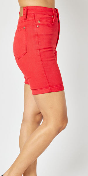 Judy Blue HW Red Garment Dyed Tummy Control Bermuda Shorts