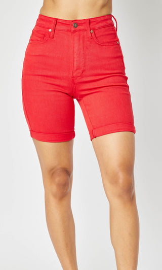 Judy Blue HW Red Garment Dyed Tummy Control Bermuda Shorts