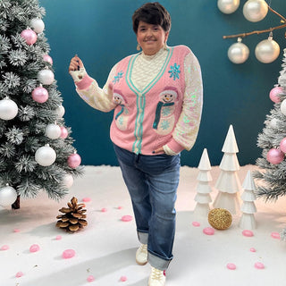 Snowman Cardigan W/ Sequin Sleeves