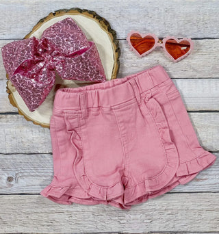 Girls Pink Denim Ruffled Shorts