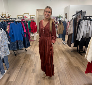 Castielle Velour Cinched Waist Maxi Dress-Salmon Orange