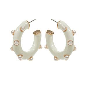 Dotted Pearl & Enamel Open Hoop Earrings