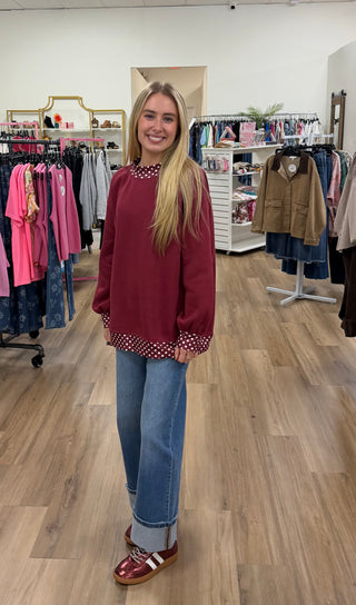 Burgundy Polka Dot Mock Neck Sweatshirt