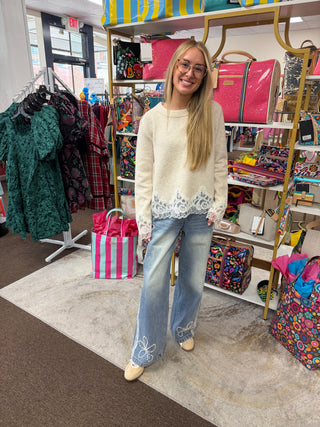 Pearl & Lace Trim Wide Leg Jeans