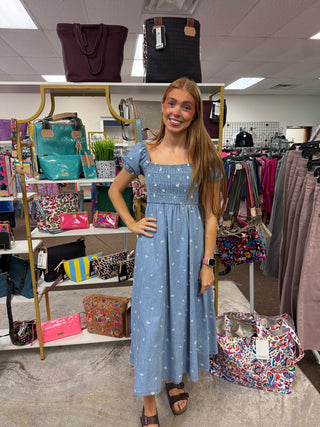 Chambray Floral Embroidered Midi Dress
